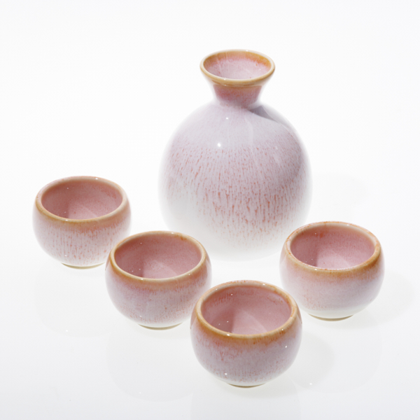 Ceramic Sake Set Cherry Blossom Pink, Running Glaze Pattern, 490 g,